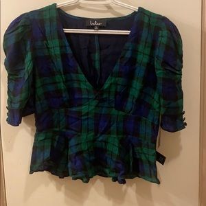 Had me at hello blue and green plaid puff sleeve